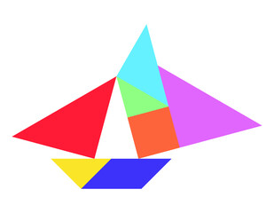 Fototapeta na wymiar Color tangram puzzle in sailing boat shape on white background