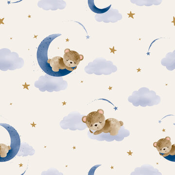 Watercolor hand draw illustration brown teddy bear sleeping on the moon and clouds seamless pattern,invitations, baby shower, posters, wallpaper, kids fashion artworks.