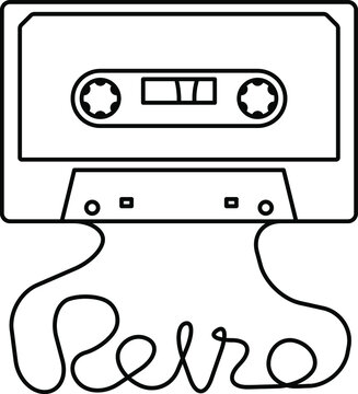 recommend clip art: Line art drawing of a retro audio cassette with the tape spelling out the word "retro"