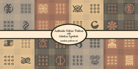 Collection of seamless authentic fabric patterns with african adinkra symbols designed for web, fabric, paper and all prints 