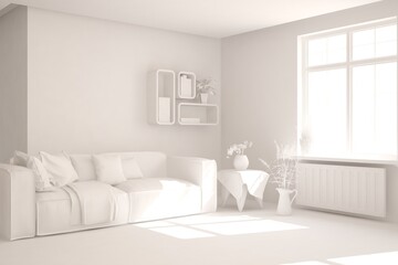 White minimalist living room with sofa. Scandinavian interior design. 3D illustration