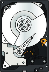 A Hard Disk Drive (HDD) with exposed innards. Top down flat view.