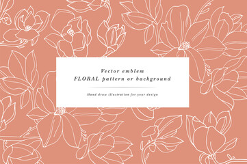 Vintage card with magnolia flowers. Floral wreath. Flower frame for flowershop with label designs. Summer floral magnolia greeting card. Flowers background for cosmetics packaging. © oxygen_8