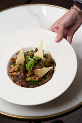 Rigatoni pasta with meat and cheese on a white plate