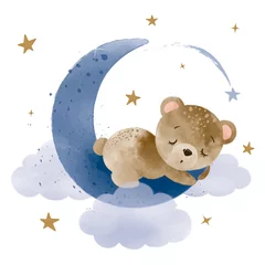 Fotobehang Watercolor hand draw illustration brown teddy bear sleeping on the moon  greeting cards, invitations, baby shower, posters  with white isolated background © StudioLondon