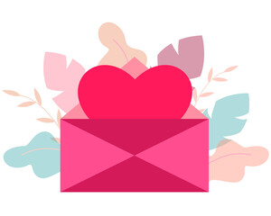 Abstract illustration for Valentine's Day. Large pink envelope with a symbolic heart in it and flowers on a white background. Vector illustration for websites.