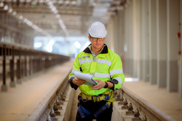 Engineer railway under inspection and checking construction process train work shop and railroad station .Engineer wearing safety uniform and helmet by holding document in work.