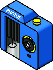 A bright blue novelty photo booth shaped like a camera.