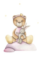 Hand drawn watercolor illustartion of a baby bear wearing cute clothes