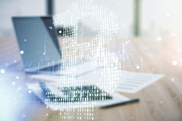 Virtual Bitcoin sketch on blurry calculator and computer background. Double exposure