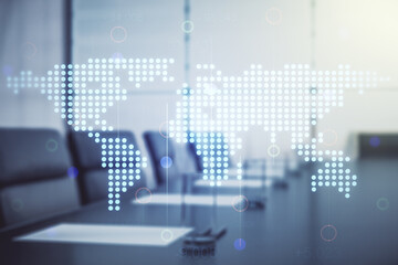 Fototapeta premium Multi exposure of abstract graphic world map on a modern furnished classroom background, big data and networking concept