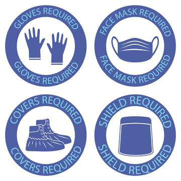 Shoe Covers, Mask, Face Shield And Gloves Are Required. Protective Medical Covers. Medical Personal Protective Equipment. Mask, Protection Shield, Latex Gloves And Plastic Shoe Covers In Blue Color