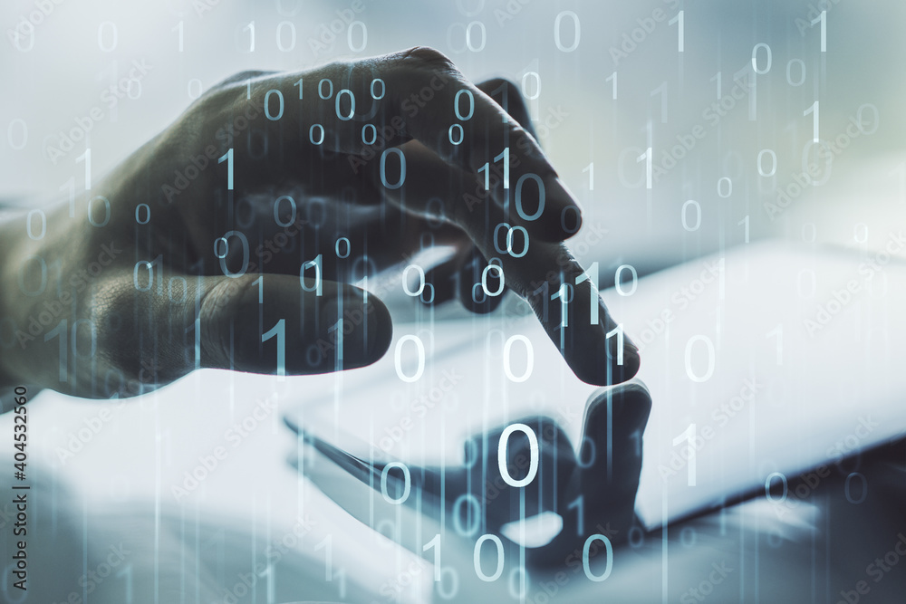 Poster creative concept of binary code illustration and finger clicks on a digital tablet on background. bi