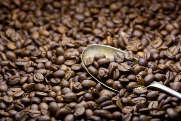 Freshly whole roasted coffee beans close-up with a metal spoon in it. - 404532511