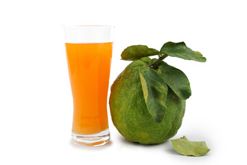 orange juice in glass and big lemon isolate on white background.