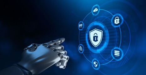 Lock icon. Cyber security Information privacy data protection antivirus. Robotic arm 3d rendering.