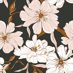 Floral garden bouquet. Oriental peony seamless background.  Leaves flowers bloom botanical drawing © milatoo