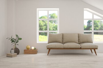 White living room with sofa and summer landscape in window. Scandinavian interior design. 3D illustration