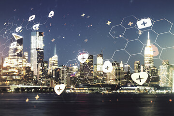 Abstract virtual medical hologram on New York cityscape background, online medical consulting concept. Multiexposure