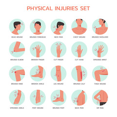 infographic of pain in the human body parts and physical injury on white background, vector flat illustration
