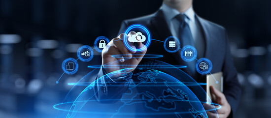 Cloud technology networking processing data storage. Businessman pressing button on screen.