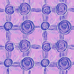 Fototapeta premium Linear decorative pattern of blue roses on pink background