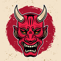 Samurai warrior horned red mask vintage vector colored illustration in retro style with grunge textures