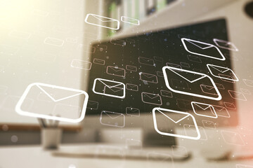 Creative abstract postal envelopes sketch and modern desk with computer on background, e-mail and marketing concept. Double exposure