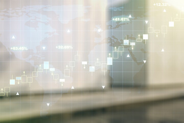 Obraz premium Abstract creative financial graph and world map on blurry contemporary office building background, financial and trading concept. Multiexposure
