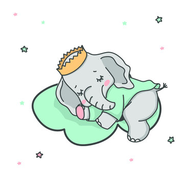 Cute baby elephant sleeping on the cloud among the stars, vector illustration.