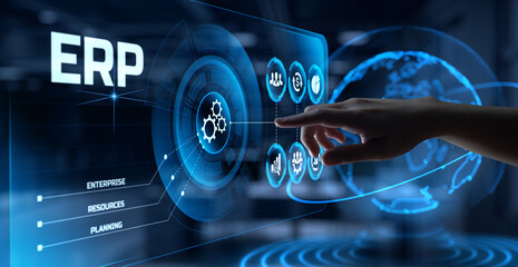 ERP Enterprise Resources planning software system business process automation concept. Hand...