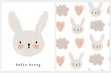 Hello Bunny. Lovely Nursery Art and Seamless Vector Pattern with Hand Drawn Clouds, Bunny and Hearts Isolated on a White Background. Cute Illustration ideal for Kids Room Decoration, Wall Art, Card.