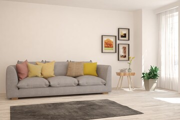 Fototapeta premium White living room with sofa. Scandinavian interior design. 3D illustration