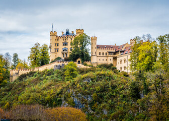 A view of Hohenschwangau castle dating from the 12th century near Fuessen town in Bavaria, Germany in autumn