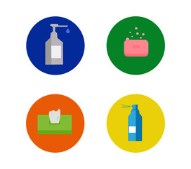 Set of cleaning icon things for washing hands on colourful circle backgrounds. Prevention coronavirus by sanitising. Vector icons illustration. 