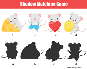 Shadow matching game. Match mouse with silhouette. Animals theme fun page for toddlers