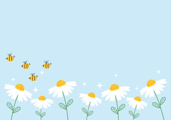 Daisy flower garden and bee cartoons on blue background vector illustration.