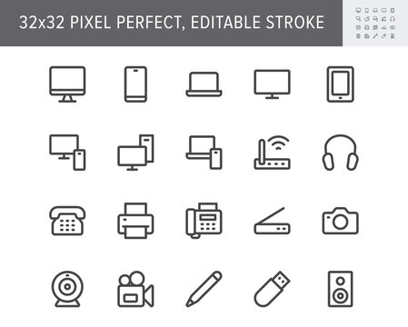 Computer devices simple line icons. Vector illustration with minimal icon - laptop, pc, smartphone, tv, monitor, tablet, fax, landline phone and office equipment. 32x32 Pixel Perfect. Editable Stroke