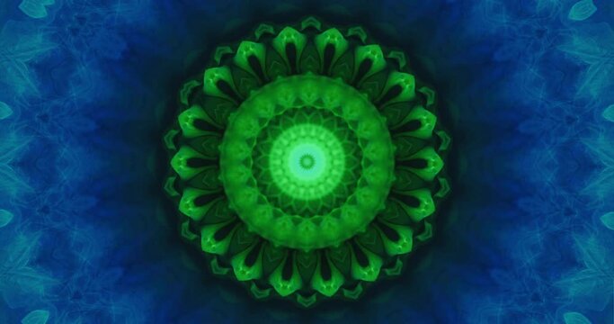 Fractal animation. Fantasy kaleidoscope. Green blue round creative symmetrical pattern equalizer effect hypnotic motion. Glowing ornament smoke abstract background.