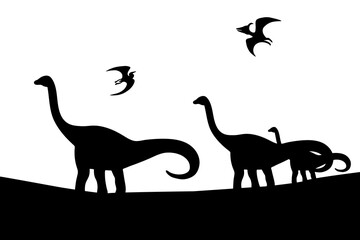 Landscape black silhouettes with dinosaurs walk on white background