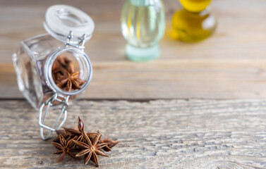 Star anise seed on a kitchen table. A spice commonly called star anise, staranise, star anise seed, Chinese star anise, badian that closely resembles anise in flavor.