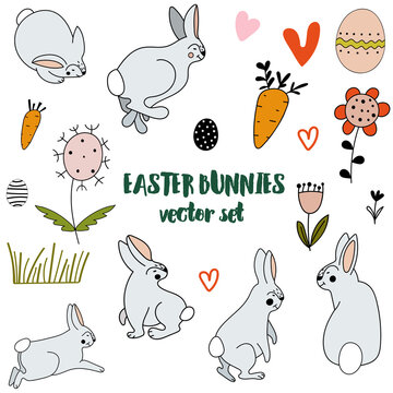 Easter bunnies set. Cartoon style isolated vector images on white background.  