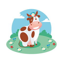 A cute cow with a wreath on her head sits on the field and smiles. Vector illustration, character design, postcard, sticker, emblem, logo