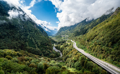 View of Swiss A13 highway from the Mesocco Castle (Castello di Mesocco). It is one of the largest castles in the Swiss canton of Graubünden.