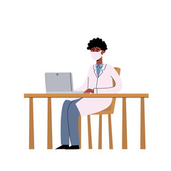 Vector illustration of medicine concept with african doctor by table