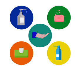 Clean icon set for hand washing. Bottles of disinfectants, soap and wet napkins. Prevention coronavirus by sanitizing. Vector icon illustration. 
