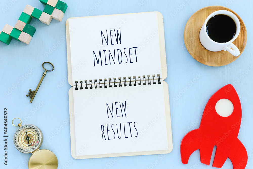 Poster top view image of table with open notebook and the text new mindset new results. success and persona