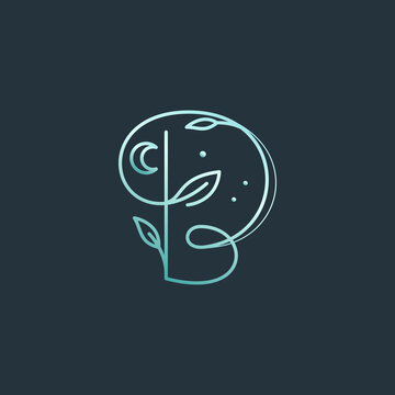 B letter logo with graceful with moon, stars and leaves decoration.