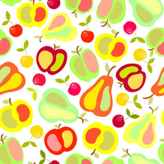 Bright colorful apple, pear and cherry fruits semless pattern. Vector background. 