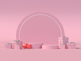 3D Abstract minimal mock up scene. geometry podium shape for show cosmetic product display. stage pedestal or platform. pink pastel background for Valentine's Day